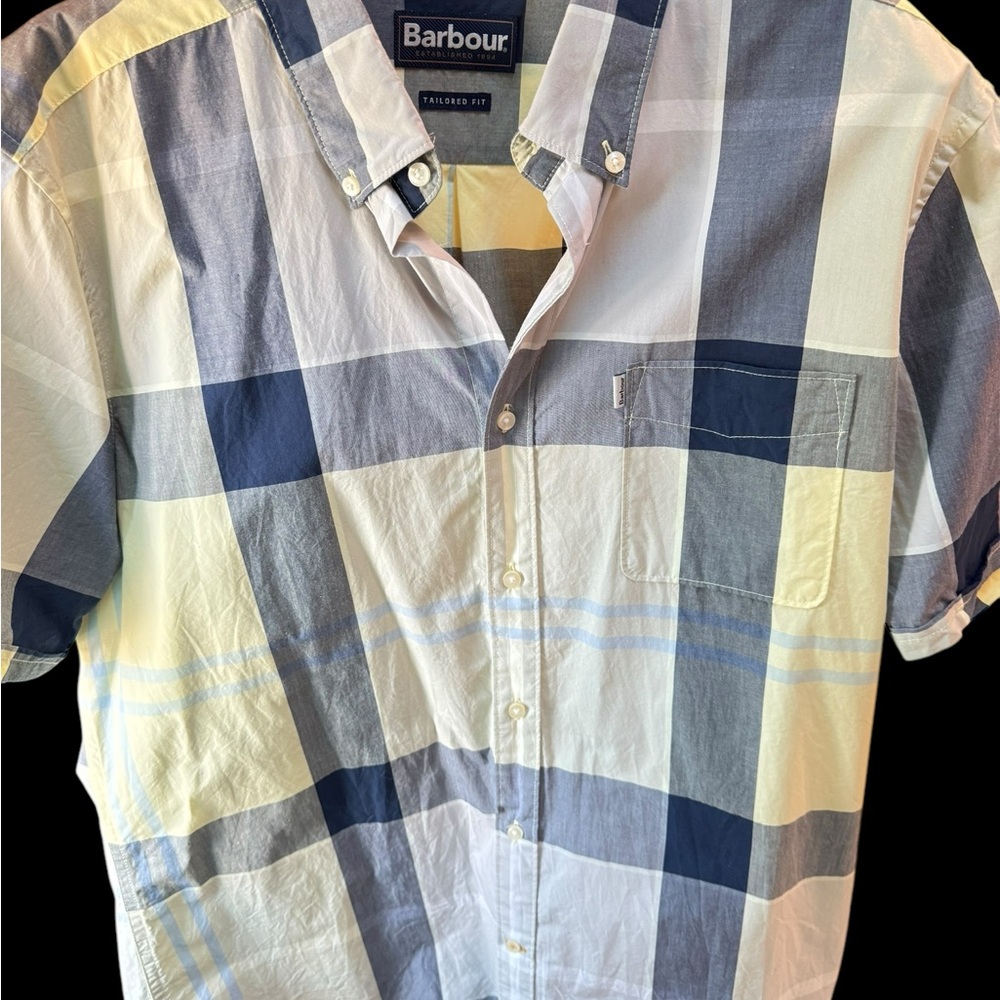 Barbour fantastic mens button down Blue, lemon yellow and White cotton short